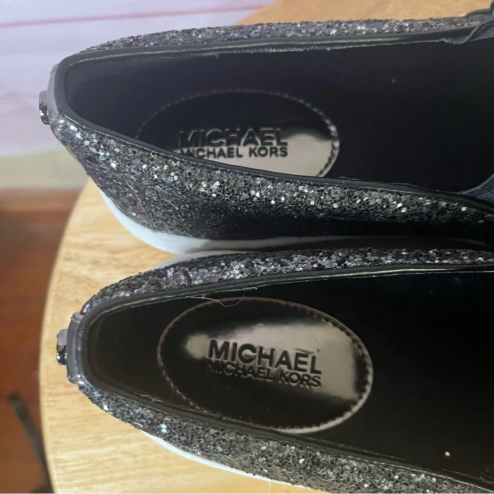 Michael Kors Keaton Black Silver Glitter Metallic Slip On Sneakers Size 7‎